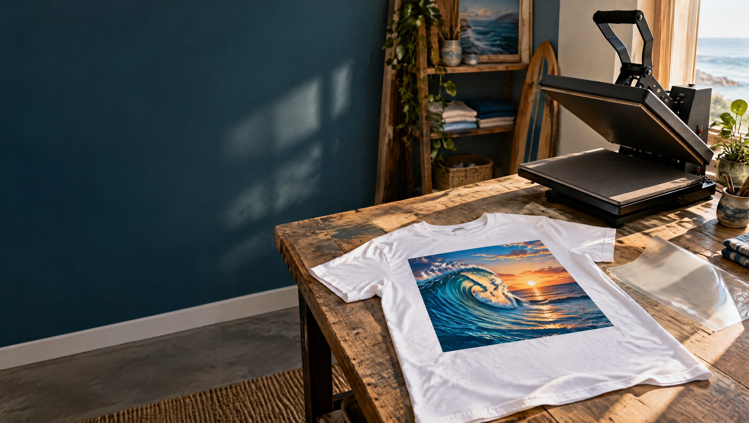 Freshly pressed tee with a full-color wave print next to a heat press